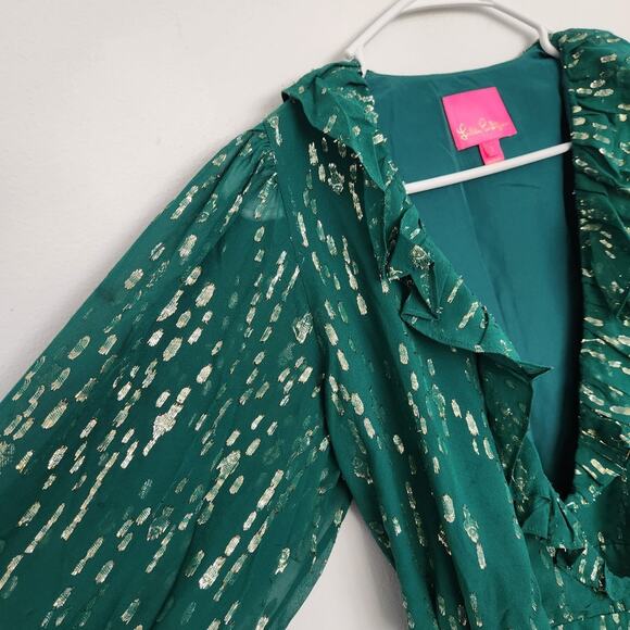 Lilly Pulitzer Birdy Silk Metallic Ruffle Wrap Dress 2 Green Wedding Cocktail - Picture 6 of 9